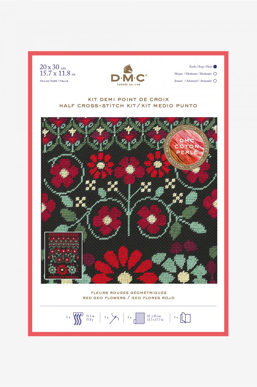 Kit de broderie demi point de croix - Fleurs rouges géométriques - DMC